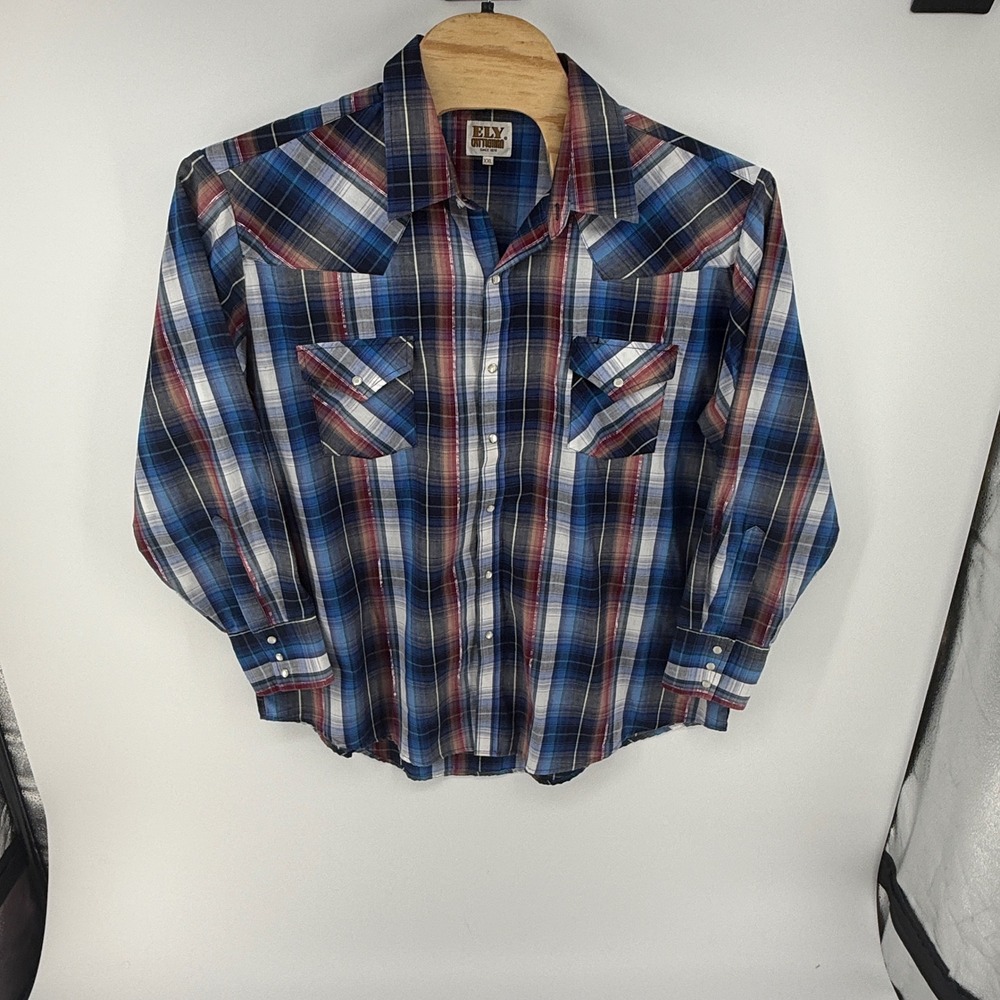 Ely Cattleman Mens XXL Plaid Metallic Lurex Western Pearl Snap Shirt Long Slv - Picture 2 of 8